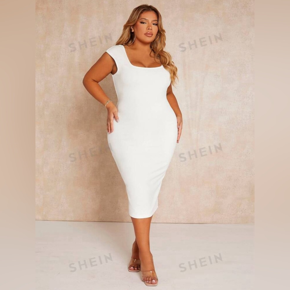 SHEIN SXY Plus Square Neck Fitted Dress, White, 1X, NWT